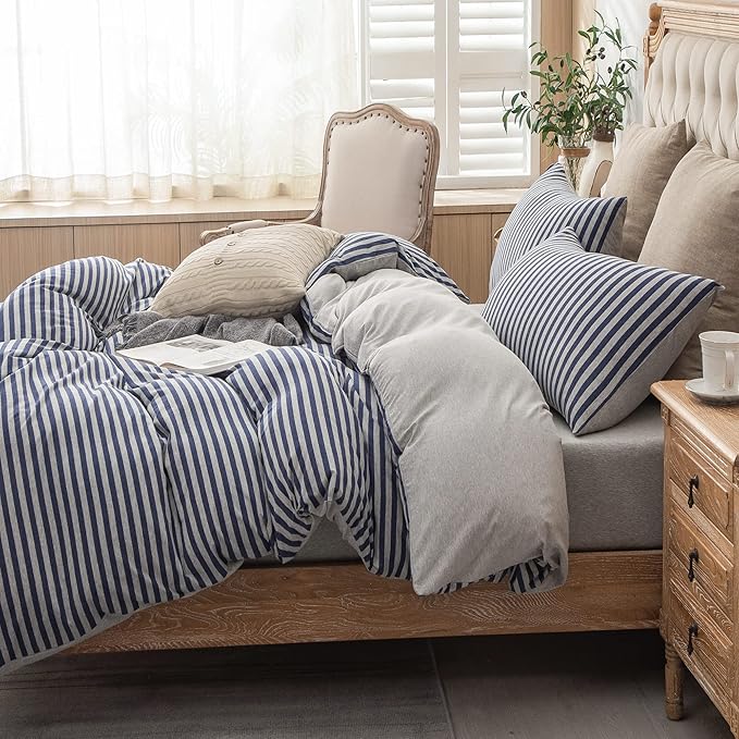 PURE ERA Jersey Knit Duvet Cover Set 100% T-Shirt Heather Cotton Super Soft Comfy Classic Striped Design, with Zipper Closure, Heather Grey Blue Stripe, King