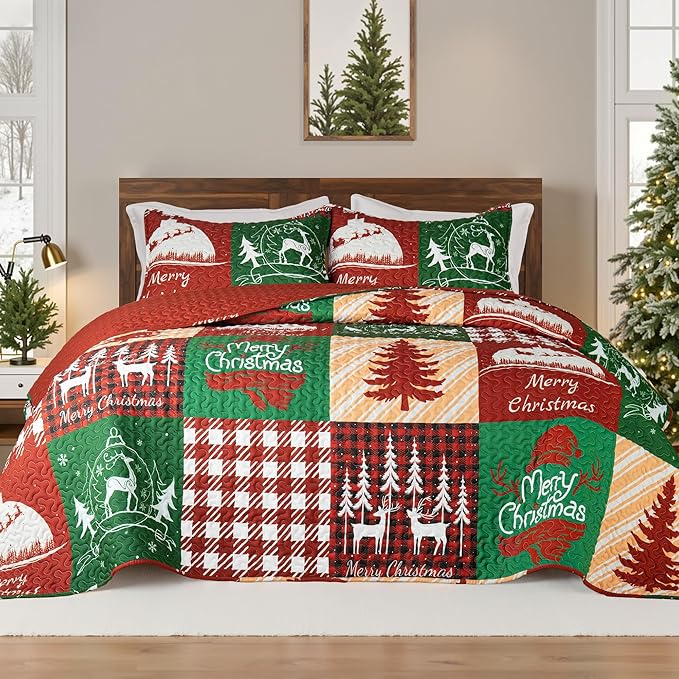 Whale Flotilla Patchwork Quilt King Size, Soft Boho Christmas Bedspreads for Bed Reversible Lightweight King Quilt Bedding Set Coverlets with 2 Pillow Shams for All Seasons, Happy Christmas
