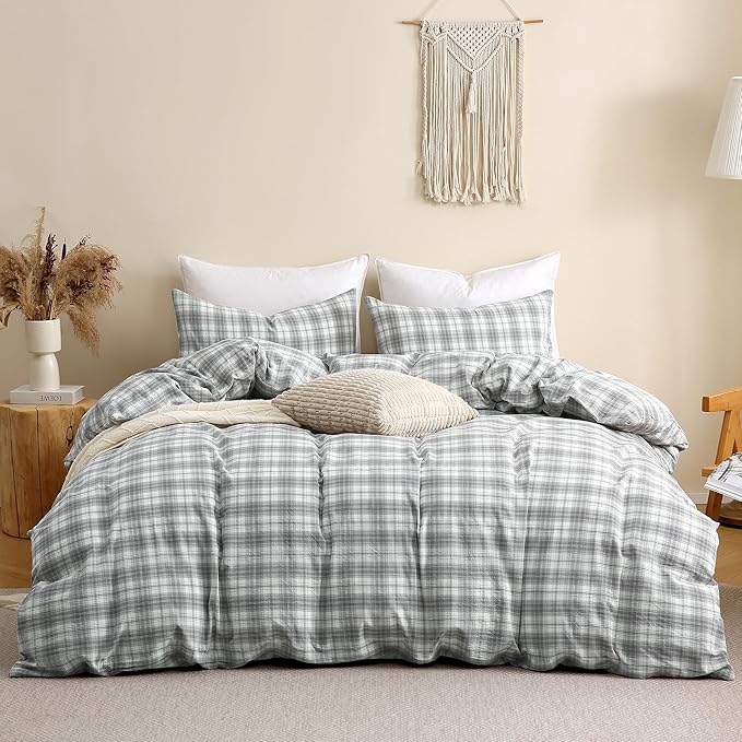 TOCOMOA Plaid Duvet Cover Set 100% Washed Cotton Like Linen Feel Super Soft Comfy 3 Piece Grey and Green Gingham Checkered Bedding Comforter Cover Set (Queen 90"x90", Comforter Not Included)