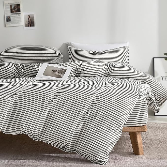JELLYMONI Duvet Cover, 100% Natural Cotton, Printed Comforter Cover with Zipper Closure and Corner Ties (King XL 108×98 Inch, White Duvet Cover Set with Grey Stripes Pattern)