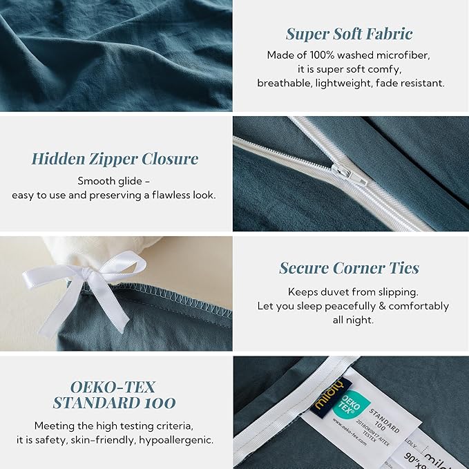 MILDLY Super Soft Duvet Cover 2pcs - 100% Washed Microfiber Peacock Blue Comforter Cover Set with Zipper Closure & Corner Ties (No Comforter)