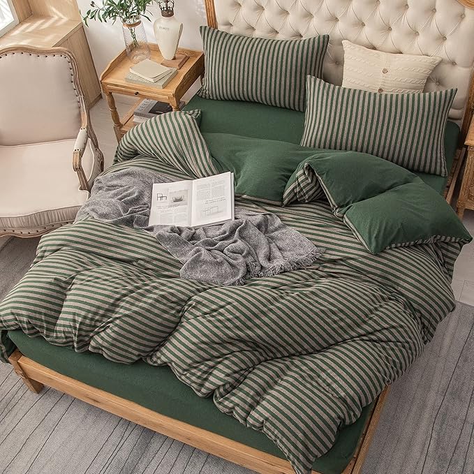 PURE ERA Jersey Knit Duvet Cover Set 100% T-Shirt Heather Cotton Super Soft Comfy Classic Striped Design, with Zipper Closure, Forest Green Stripe, Twin