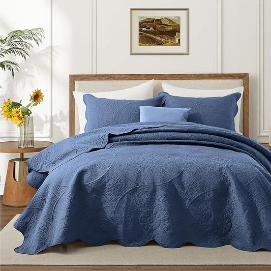 IR Imperial Rooms Queen Quilt Bedding Set Size (90" x 96") + 2 Pillow Shams (20" x 26"+ 2") - 3 Pcs All Season Lightweight Reversible Microfiber Coverlet Floral Embossed Quilt Bedspread (Light Blue)