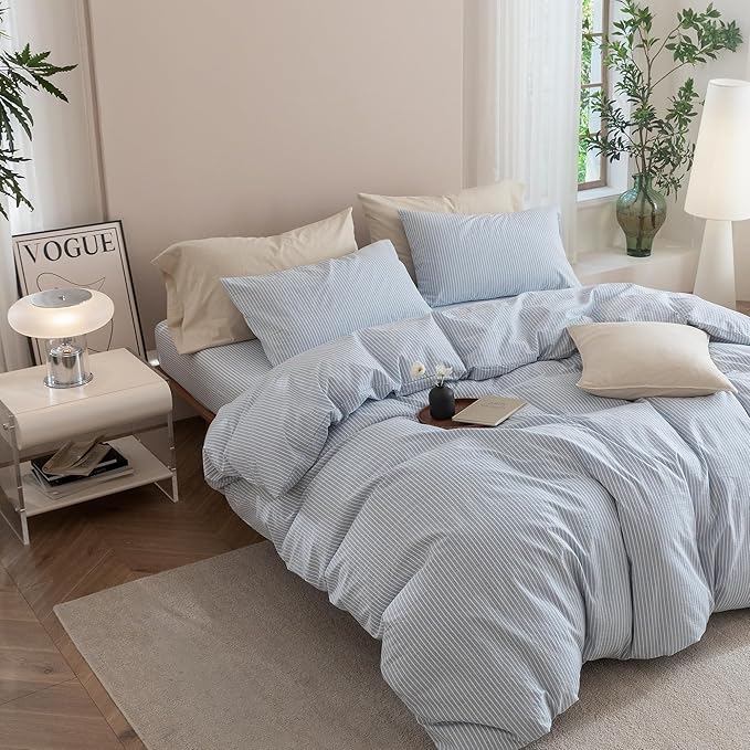 JIYUAN 100% Washed Cotton Striped Duvet Cover Set 2 Pieces Twin, 1 Duvet Cover and 1 Pillowcases(Comforter Not Included),Linen Like Comfy and Breathable,Pinstripes - Cornflower Blue White