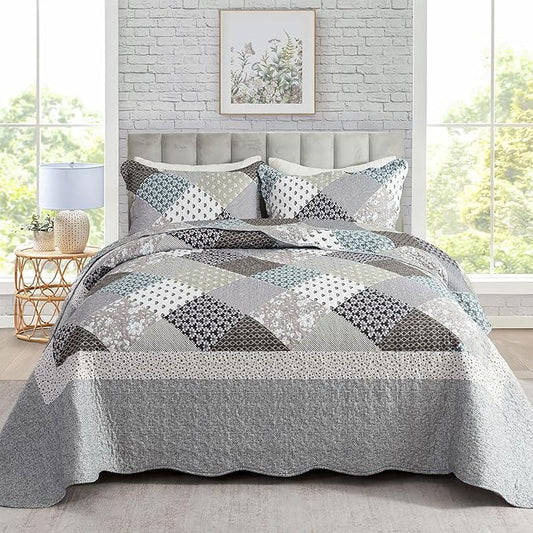 Travan 3-Piece Quilt Set Quilted Bedspread Garden Style Floral Printed Oversized Microfiber Lightweight Coverlet Set with Shams, Exquisite, King Size