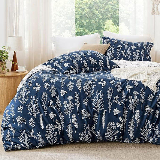 Bedsure Twin/Twin XL Comforter Set - Navy Bed Set, 2 Pieces Cute Floral Bedding, 1 Soft Reversible Botanical Flowers Comforter and 1 Pillow Sham