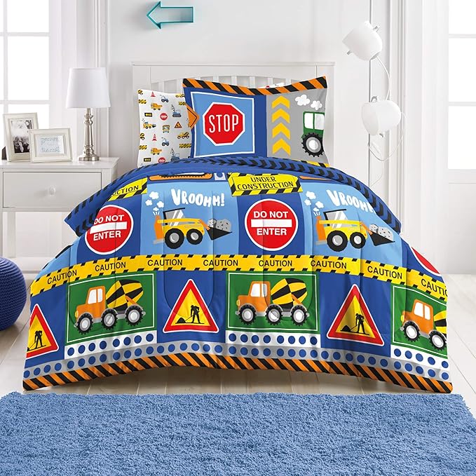dream FACTORY Kids 5-Piece Complete Set Easy-Wash Super Soft Microfiber Comforter Bedding, Twin, Navy Blue Under Construction