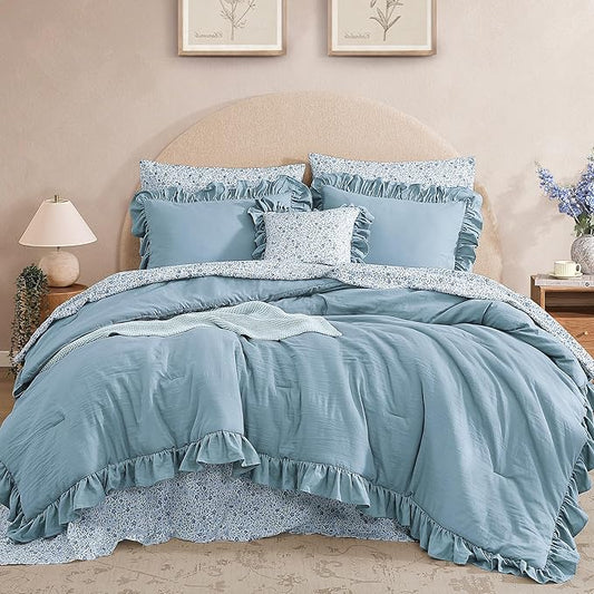 Full Comforter Set - 7 Pieces Ruffle Blue Bedding Sets, Shabby Chic Farmhouse Bed in a Bag Full with Ruffle Comforter, Floral Sheets, Pillowcases & Shams