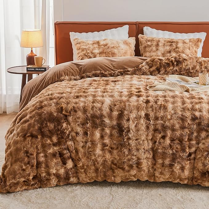 EMME Faux Fur Duvet Cover King Size, 3 Pieces Ultra Soft Fluffy Comforter Cover, Cozy Warm for Winter, Luxury Elegant Shaggy Bubble Design Bedding, 1 Duvet Cover & 2 Pillow Shams (King, Tie Dye Taupe)