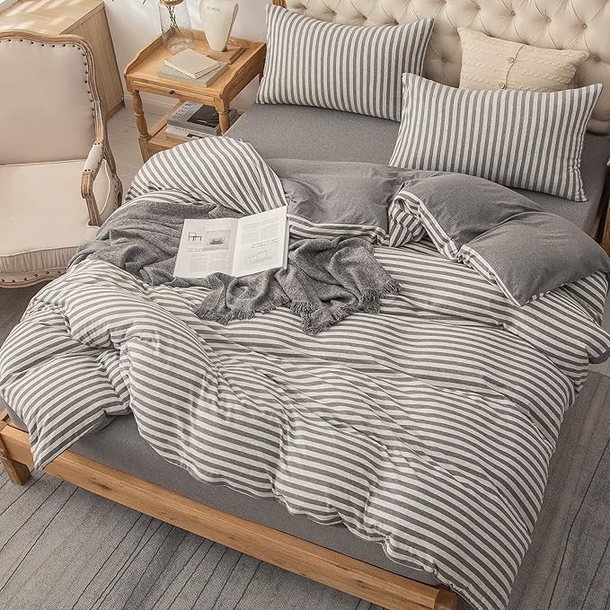 PURE ERA Jersey Knit Duvet Cover Set 100% T-Shirt Heather Cotton Super Soft Comfy Classic Striped Design, with Zipper Closure, Grey Stripe, King
