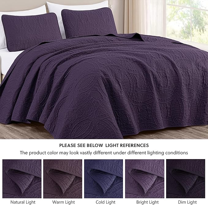 Chezmoi Collection Austin 3-Piece Oversized Bedspread Coverlet Set (King, Purple)