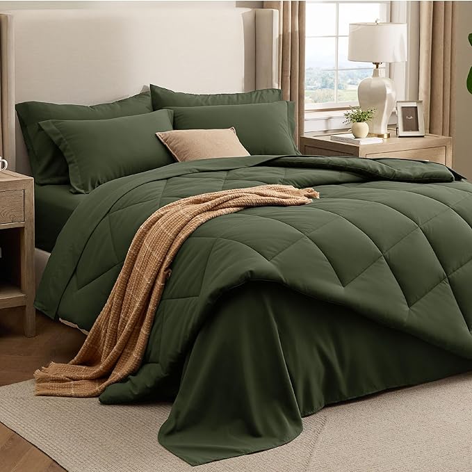 Bedsure 7 Pieces Full Comforter Set Premium Series, Hotel Luxury Soft Bed in a Bag, Goose Down Alternative, Safe for Sensitive Skin Bedding Comforter All Season Medium Warmth, Olive Green Full Size