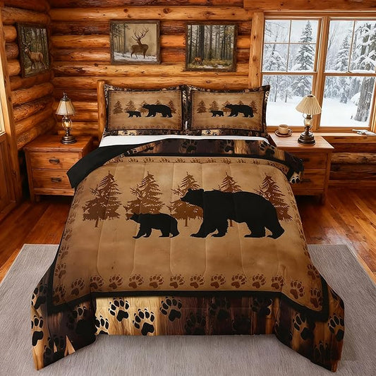 Bear Comforter Set Full Size Farmhouse Wild Animal Retro Family Bedding for Kids Boys Girls Brown Paws Duvet Rustic Bedroom Decor Quilted Set 3Pcs