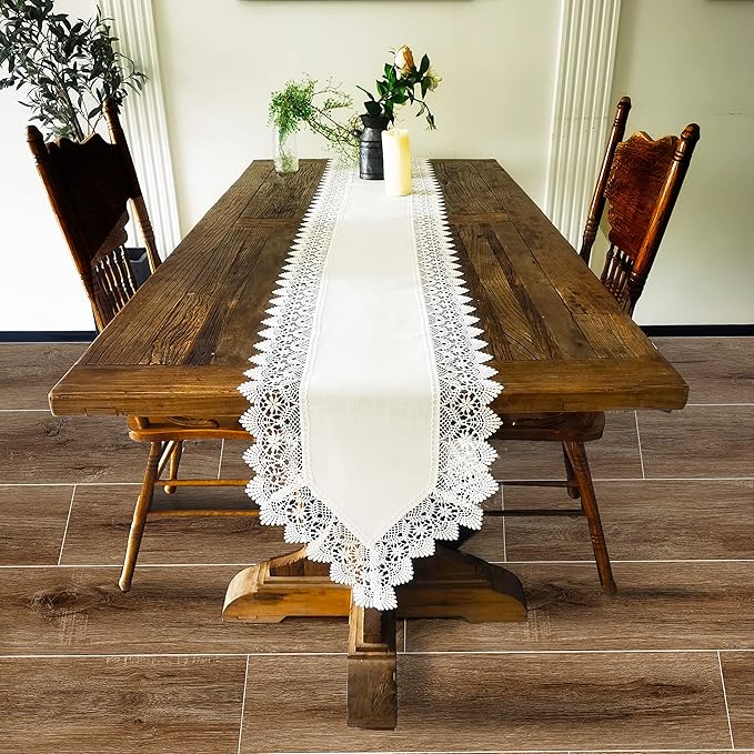 Elegant Vintage White Table Runner 72 inches Long with Exquisite Macrame and Embroidered Floral Pattern Perfect as a Dresser Scarf (14X72'')