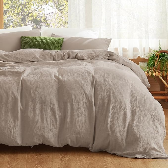 Bedsure 100% Muslin Cotton Duvet Cover Queen Size - Ultra-Soft, Breathable & Lightweight - Linen Like Gauze Comforter Cover Set with Button Closure and Corner Ties (Khaki, Queen, 90"x90")