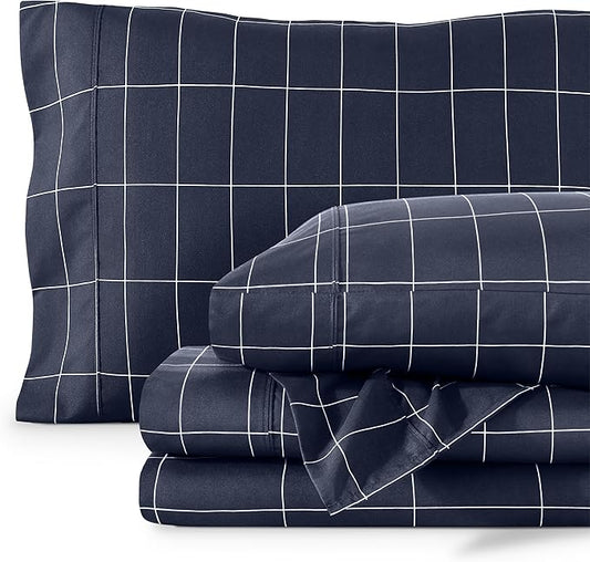 Bare Home California King Sheet Set - 1800 Ultra-Soft Microfiber Double Brushed - Deep Pocket - Easy Fit - 4 Piece Set (California King, Grid - Midnight/White)