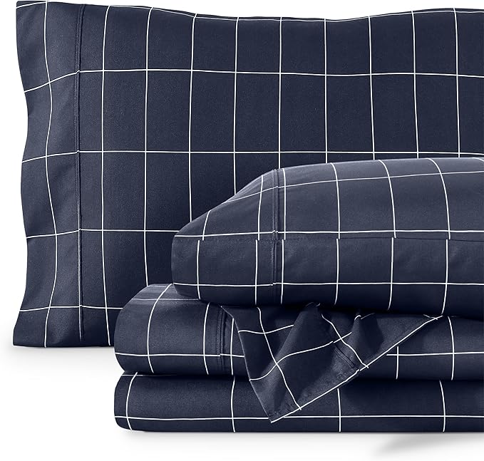 Bare Home Split King Sheet Set - 1800 Ultra-Soft Microfiber Double Brushed - Deep Pockets - Easy Fit - 5 Piece Set - Bed & Pillowcases (Split King, Grid - Midnight/White)