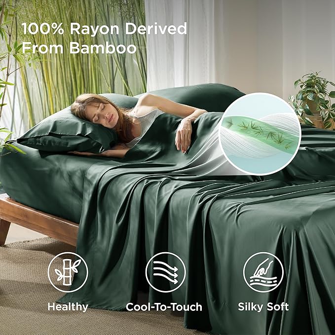 Bedsure Queen Sheet Set, Rayon Derived from Bamboo, Cooling Sheets, Breathable & Soft, Deep Pocket Up to 16 Inches, Hotel Luxury Silky Bedding for Hot Sleepers, Forest Green
