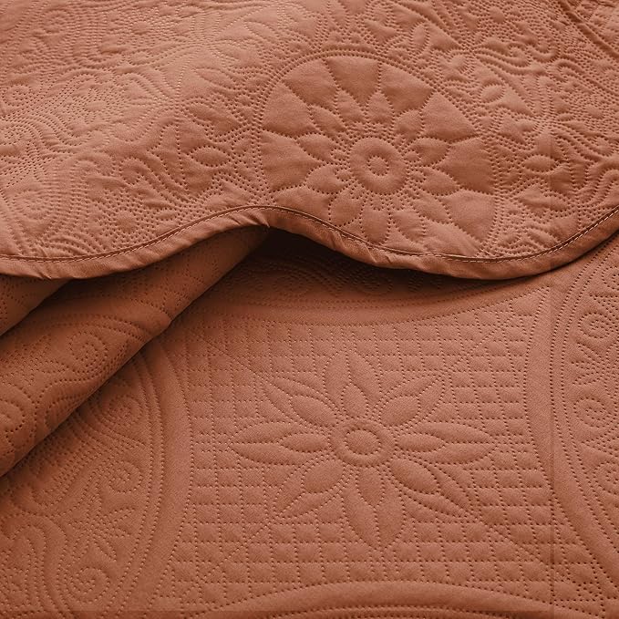 MOONLIGHT20015 Twin Quilt Bedding Set Size (66" x 86 ") + 1 Pillow Shams (20" x 26" + 2") - 2 Pcs All Season Lightweight Reversible Microfiber Coverlet Floral Embossed Quilt Bedspread (Rust)