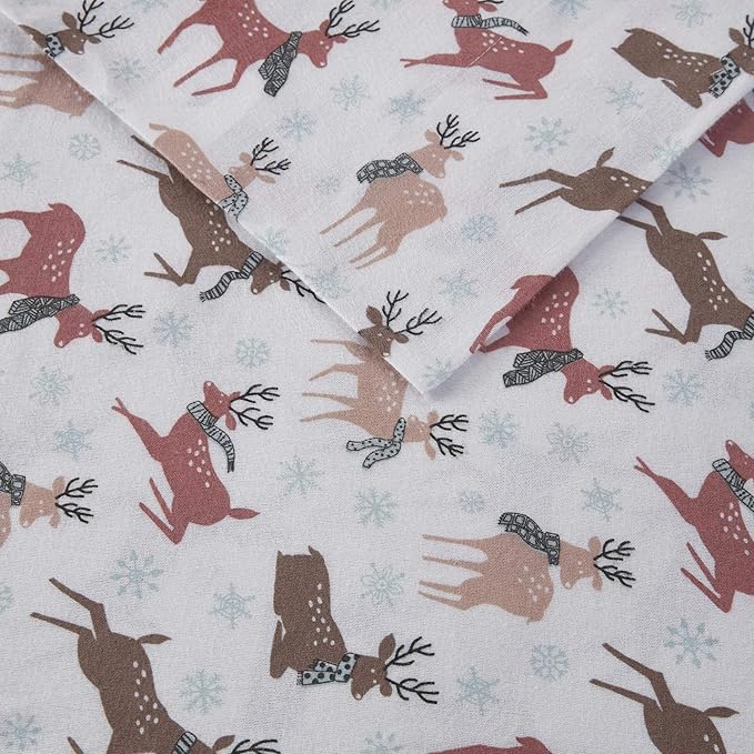Sleep Philosophy True North Cozy Flannel Warm 100% Cotton Sheet - Novelty Print Animals Stars Cute Ultra Soft Cold Weather Bedding Set, King, Reindeer 4 Piece