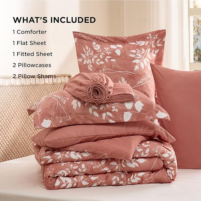 Bedsure Dusty Pink Queen Comforter Set - 7 Pieces Floral Bedding Sets, Queen Bed in a Bag with Reversible Botanical Flowers Comforter, Sheets, Pillowcases & Shams