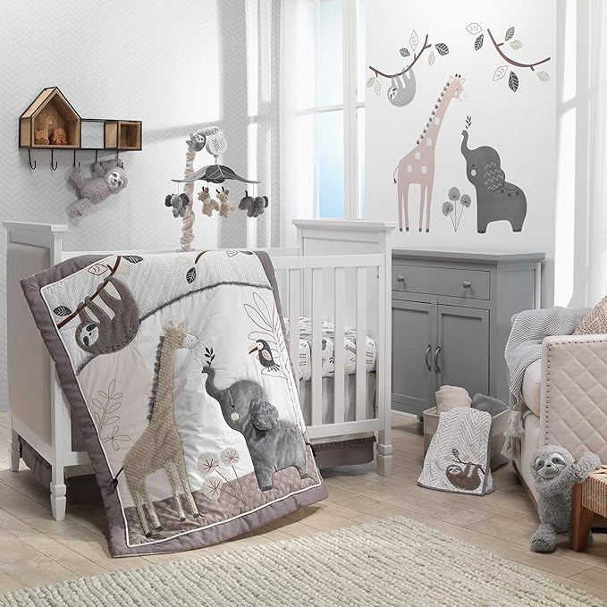 Lambs & Ivy Baby Jungle Animals White/Gray/Taupe Cotton Fitted Crib Sheet