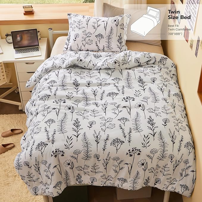 Joiedomi Twin Comforter Set White, 2 Pieces Floral Twin Bedding Set with 1 Soft Reversible Botanical Comforter and 1 Pillow Sham, Bed in a Bag for All Seasons