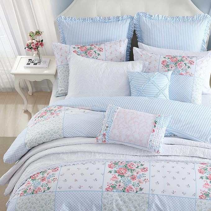 Laura Ashley - Twin Comforter Set, Cotton Bedding with Matching Sham & Bonus Throw Pillow Cover, Oeko-Tex Certified, Dorm Essentials, Coquette Room Decor (Hope Patchwork Blue)