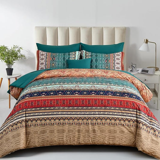 Cottolester Boho Queen Size Comforter Set 8 Pieces,Green and Brown Bohemian Striped Bed in a Bag,Floral Soft Microfiber Bedding Comforter Set