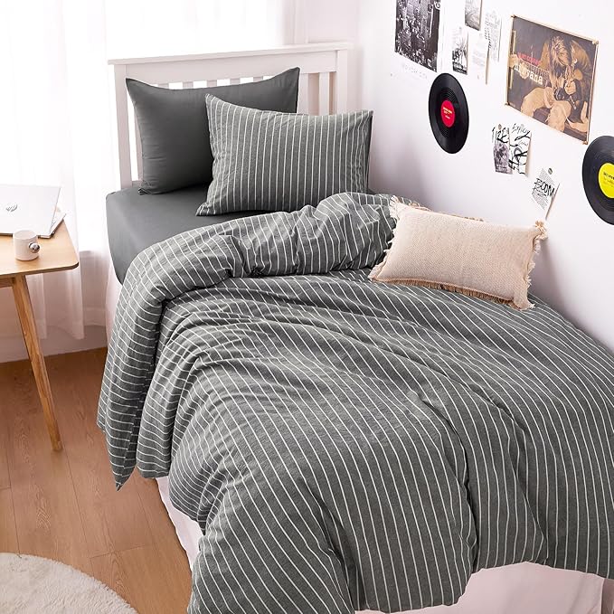 Wake In Cloud - Striped Cotton Duvet Cover Set, Ticking Stripe Vertical Pinstripe Farmhouse, 100% Washed Cotton Textured Percale Bedding Set, 3 Pieces, Gray, Twin Size