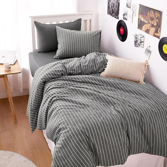 Wake In Cloud - Striped Cotton Duvet Cover Set, Ticking Stripe Vertical Pinstripe Farmhouse, 100% Washed Cotton Textured Percale Bedding Set, 3 Pieces, Gray, Twin Size