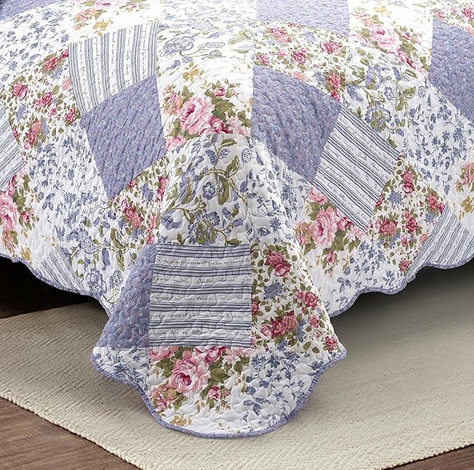 Brilliant Sunshine Rose Violet Patchwork, 3-Piece Quilt Set with 2 Shams, Reversible Bedspread, Soft Lightweight Coverlet, All-Season, Full/Queen, Rose Violet