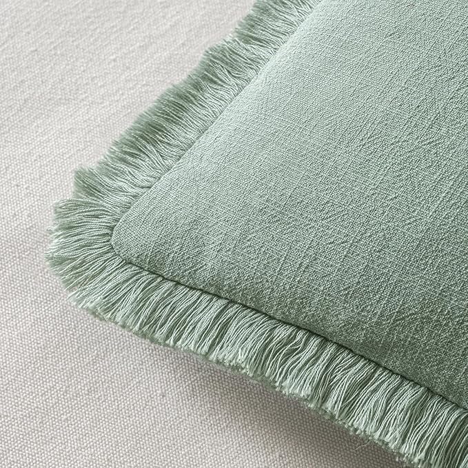 MIULEE Decorative Throw Pillow Covers Neutral Linen Fringe Throw Pillows Set of 2 Aqua Green Boho Farmhouse Cushion Covers with Tassels for Couch Sofa Bed Living Room Spring Home Decor 20x20 Inch