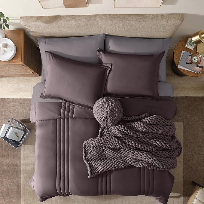 Monbix Full Size Comforter Set - 7 Pieces Bed in a Bag Full, ltalian Plum Bedding Sets with Comforter, All Seasons Comforter Bed Set with Sheets, Pillowcases & Shams