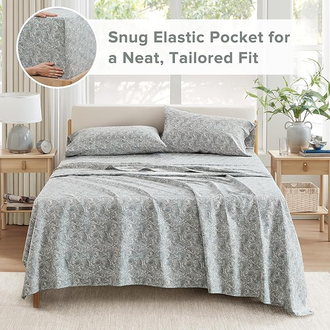 Comfort Spaces Extra Deep Pocket, 100% Cotton Queen Fits up to 24" Mattress, Breathable, Naturally Cool Cotton, Soft Cotton Sheets, All Seasons Sheet Set, Paisley 4 Piece