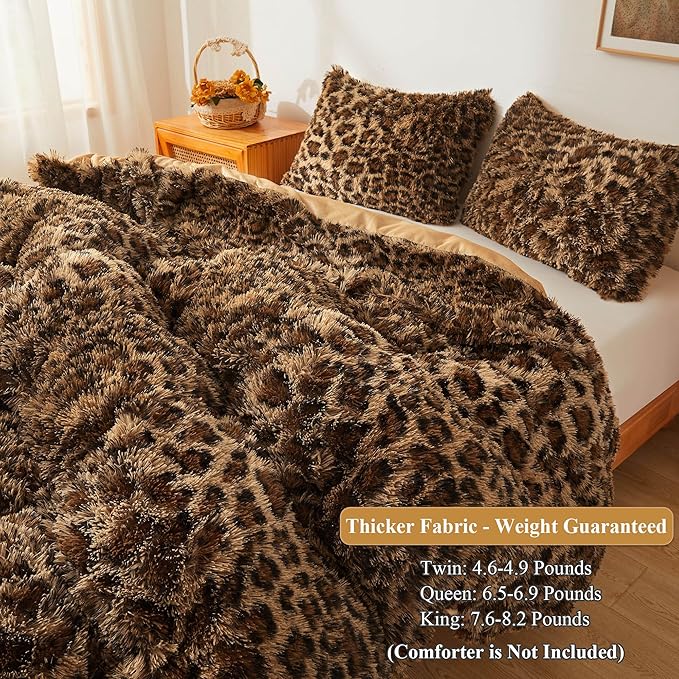 XeGe Cheetah Print Fluffy Faux Fur Duvet Cover Set, 2 Pieces Soft Plush Shaggy Farmhouse Fuzzy Bedding Set(1 Faux Fur Leopard Print Comforter Cover + 1 Furry Pillowcase), Zipper Closure(Twin, Brown)