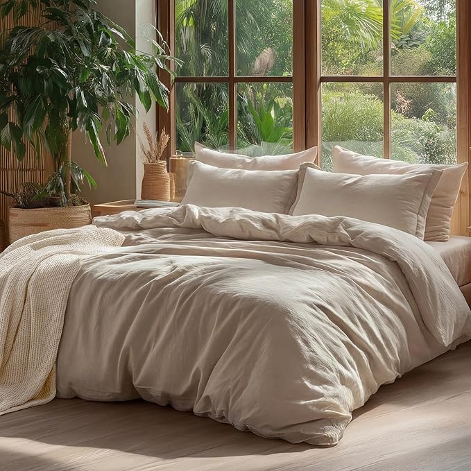 Bedsure 100% Washed Cotton Duvet Cover Full Size - Frosted Almond Minimalist Cotton Duvet Cover Linen Like for All Seasons - GentleSoft™ Plain Simple Bedding (Frosted Almond, Full, 80"x90")