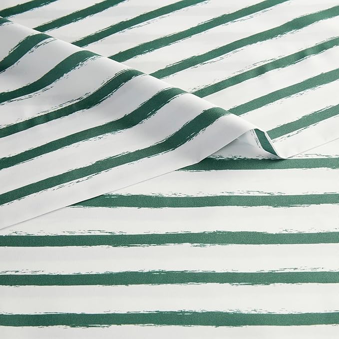 Amazon Basics Microfiber Kids' Sheet Set with 2 Pillowcases, 4-Piece, Green Stripes, Queen