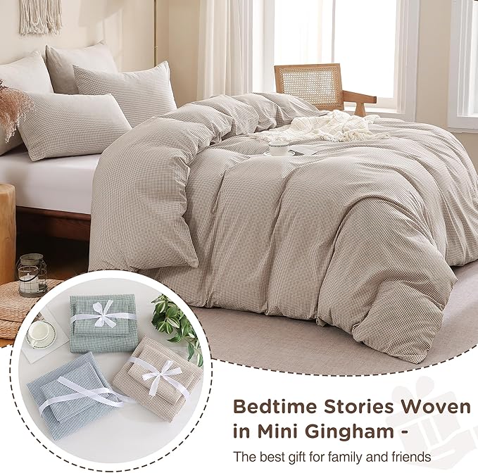 TOCOMOA Mini Gingham Tan Duvet Cover Bedding Set 100% Washed Cotton Like Linen Feel Super Soft Comfy 3 Piece Brown Small Plaid Checkered Comforter Cover Set (Queen 90"x90", Comforter Not Included)