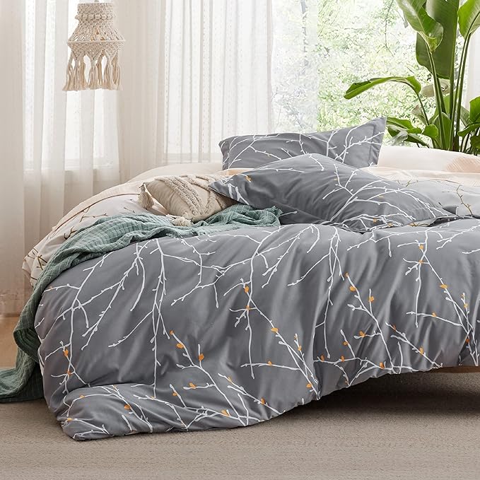Bedsure Duvet Cover Queen Size - Reversible Tree Branch Duvet Cover Set with Zipper Closure, 3 Pieces Grey Bedding Set with 8 Corner Ties and 2 Pillow Shams 20"x26"