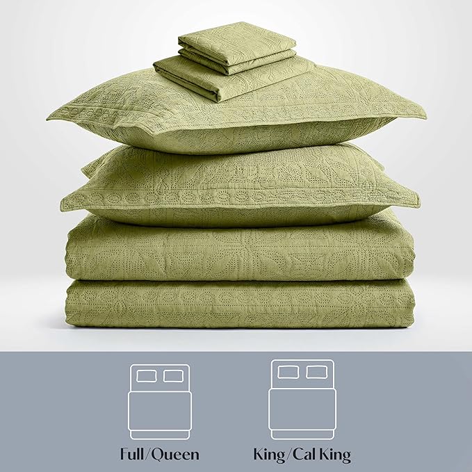 Hearth & Harbor King Quilt Set – All-Season Lightweight Bedspread & Coverlet with Pinsonic Weave - 7 Piece King Quilt Set with Pillow Shams, Olive Green - King Grid
