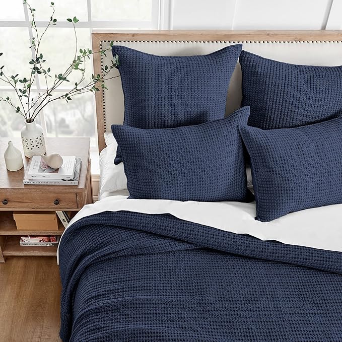 Levtex Home Mills Waffle Full Bedspread Set (100x104in) with 2 Pillow Shams (26x20in) - Navy - 100% Cotton Full Size Bedspread Set - Lightweight, Soft, Pre-Washed