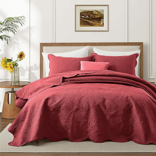 IR Imperial Rooms California King Quilt Bedding Set Size (118"x106") + 2 Pillow Shams (20" x 36"+ 2") - 3 Pcs All Season Reversible Microfiber Coverlet Embossed Floral Quilt Bedspread (Burgundy)