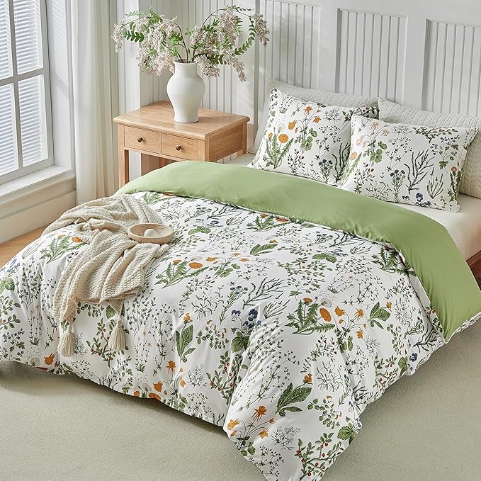Lekesky King Size Duvet Cover Set, Lightweight Soft Microfiber Comforter Cover, Reversible Duvet Cover King with Floral Pattern, 3 Pieces Green Bedding Set with Zipper and 2 Pillowcases