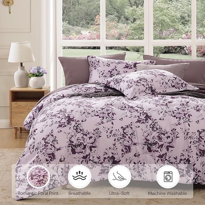 Twin XL Comforter Set -5 Pieces Floral Deep Purple Bedding Set for All Seasons, Bed in a Bag with Botanical Flowers Comforter, Sheets, Pillowcase & Sham