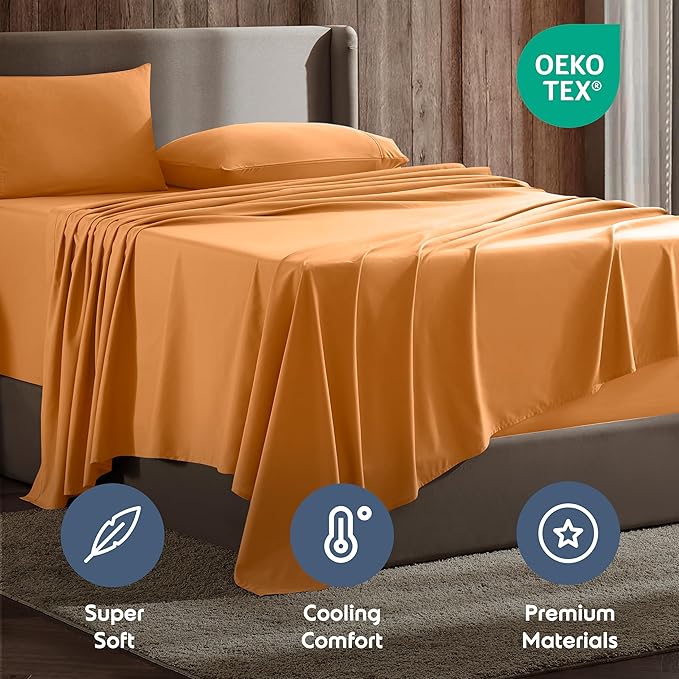 Nestl Split King Sheet Set - 1800 Ultra-Soft Microfiber Bed Sheets - Double Brushed - Deep Pockets - Easy Fit - 5 Piece Set - Bed Sheets & Pillowcases (Split King Size, Light Orange)