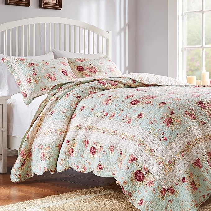 Greenland Home Antique Rose 100% Cotton Heirloom-Quality Quilt Set, 3-Piece King/Cal King, Blue