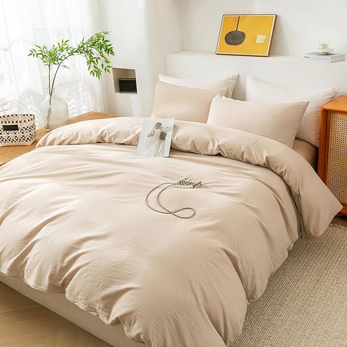 ECOCOTT 100% Washed Cotton Duvet Cover Super King Size – Soft & Breathable Linen Feel Bedding Set, 3 Pieces Khaki Comforter Cover with Zipper Closure for All Seasons