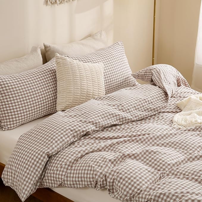 TOCOMOA Tan Gingham Duvet Cover Bedding Set 100% Washed Cotton Like Linen Feel Super Soft Comfy 2 Piece Brown Vintage Plaid Checkered Fall Comforter Cover Set (Twin 68"x90", Comforter Not Included)