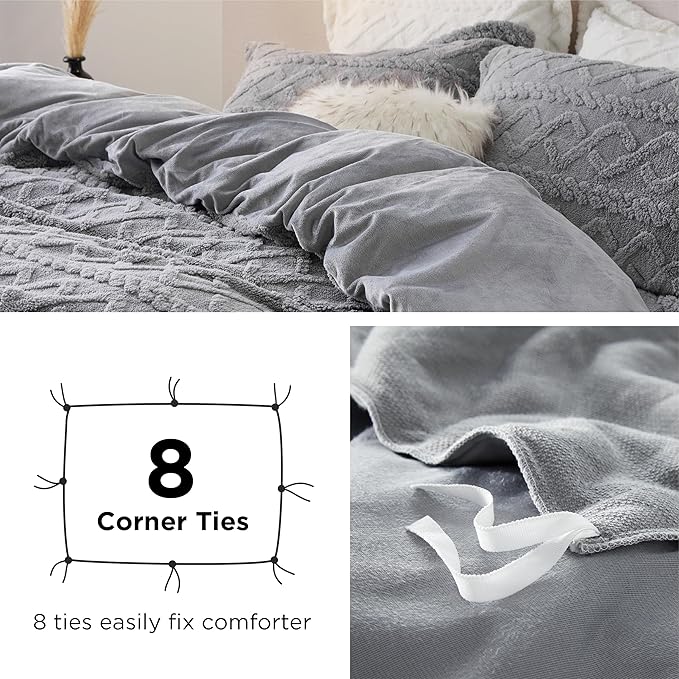 Bedsure Fluffy Flannel Duvet Cover Set - Faux Fur Comforter Cover Queen Size, Gray Warm Plush Bedding for Winter, 3-Piece Set with Zipper Closure (90"x90") and 2 Pillow Shams